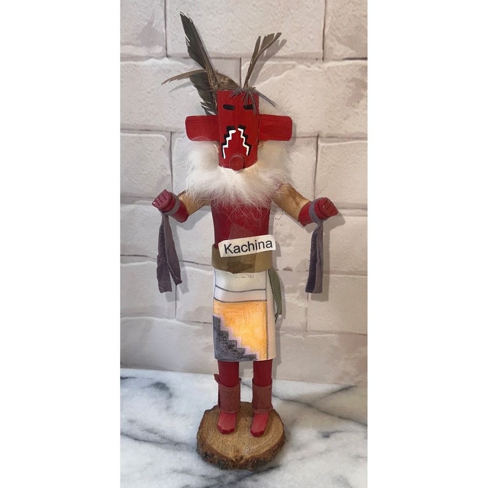 Henry James Signed Kachina Doll Handcrafted Red Wood Figure with Feathers 11.5"